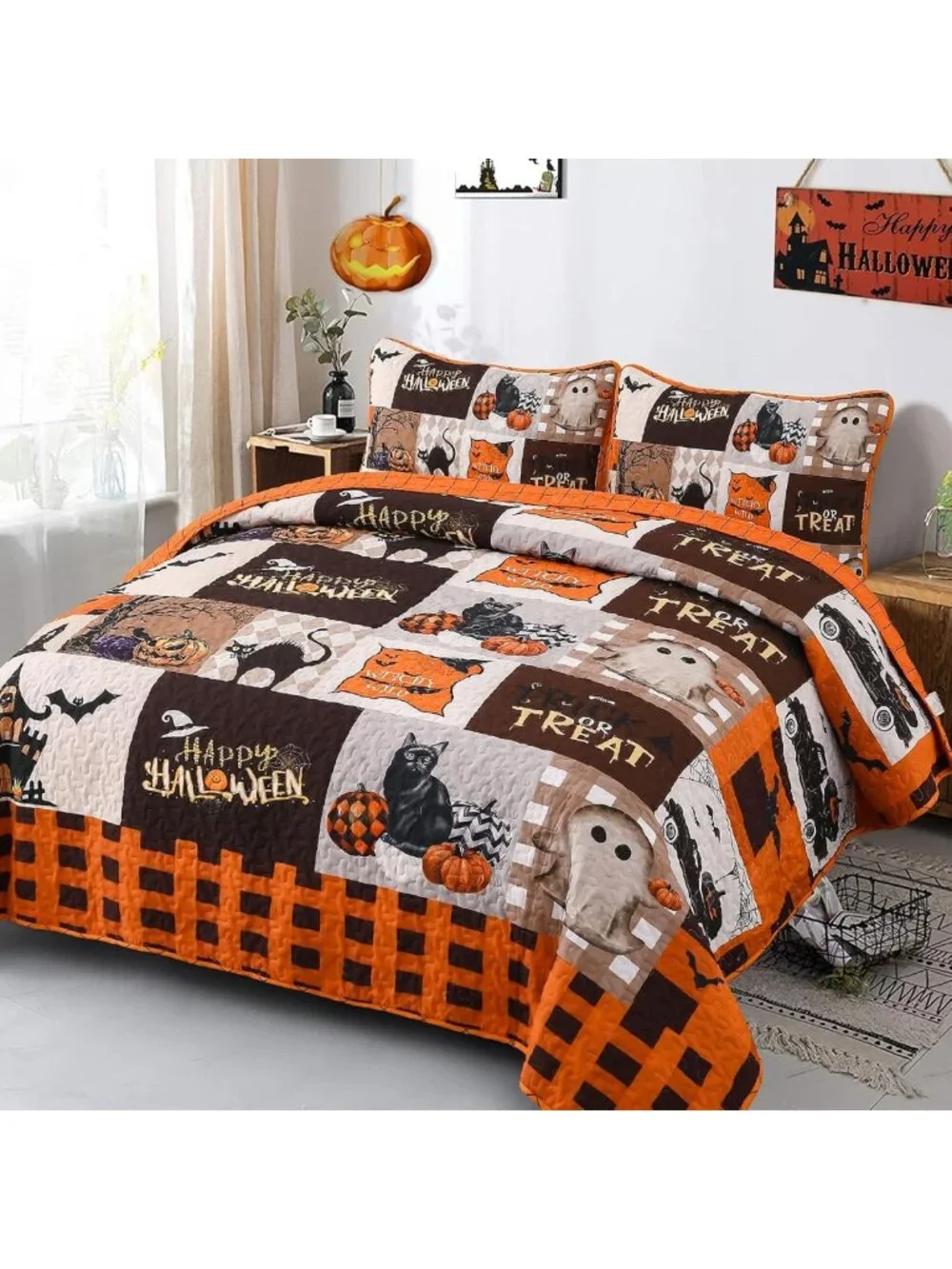 King Size Halloween Quilt Set - Fall Patchwork Bedspread 3-Piece Bedding Set